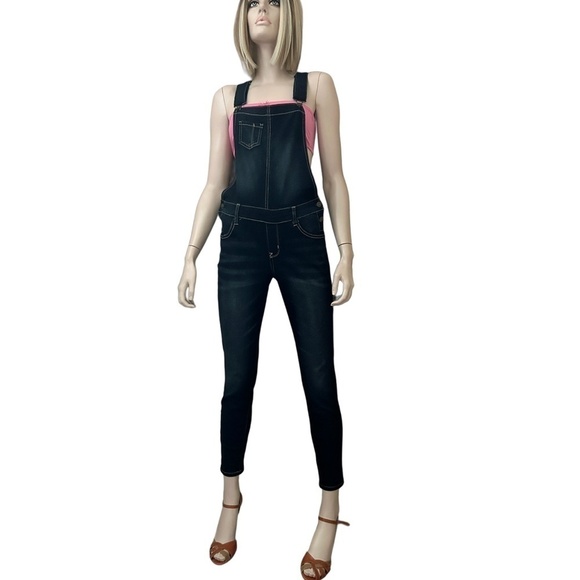 Wallflower Denim Jeans Overalls Bib Strappy Dark Wash Indigo Skinny Leg Stretch - Picture 7 of 15